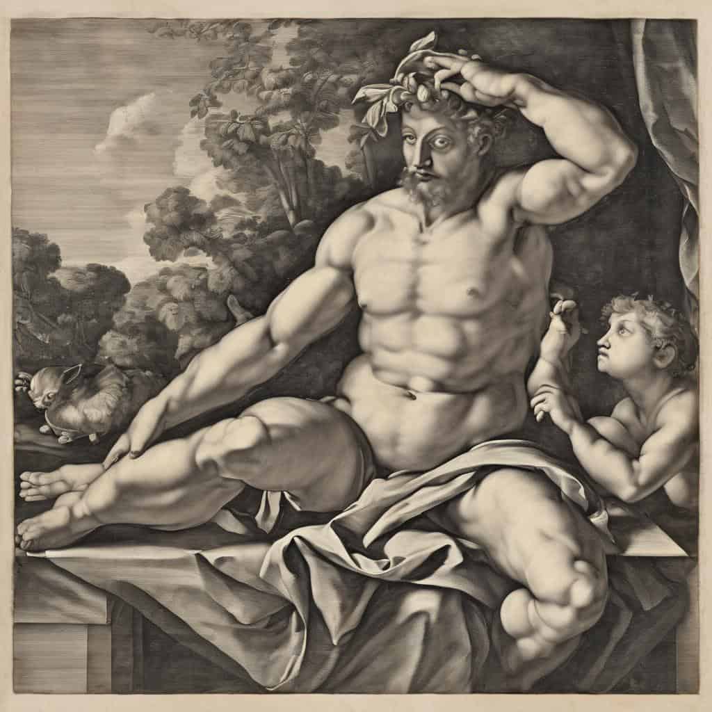 Ανδριάντας του Δία σε μνημειακή τέχνη, με το παιδί του, τον Απόλλωνα, σε μυθολογικό σκηνικό, σε μαυρόασπρο στυλ, με φυσική λεπτομέρεια και κλασική αίσθηση.