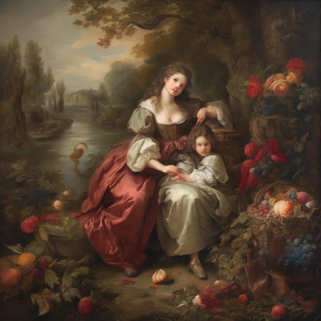 Ομορφικό πίνακα με μητέρα και κόρη σε ρομαντικό τοπίο, πηγή καλλιτεχνικής έμπνευσης και δημιουργίας.