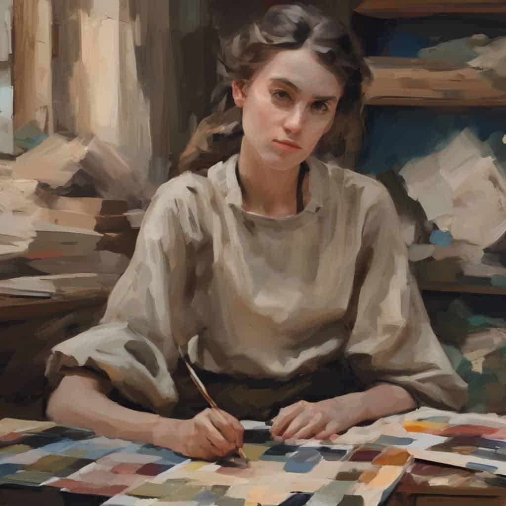 Στόχος, γυναίκα ζωγράφος εργάζεται σε καμβά με χρώματα σε στούντιο τέχνης.