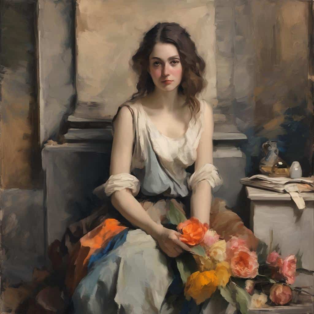 Ανθρώπινη κοπέλα με λευκό φόρεμα και λουλούδια, πορτρέτο σε καμβά, καλλιτεχνική έμπνευση και δημιουργία.