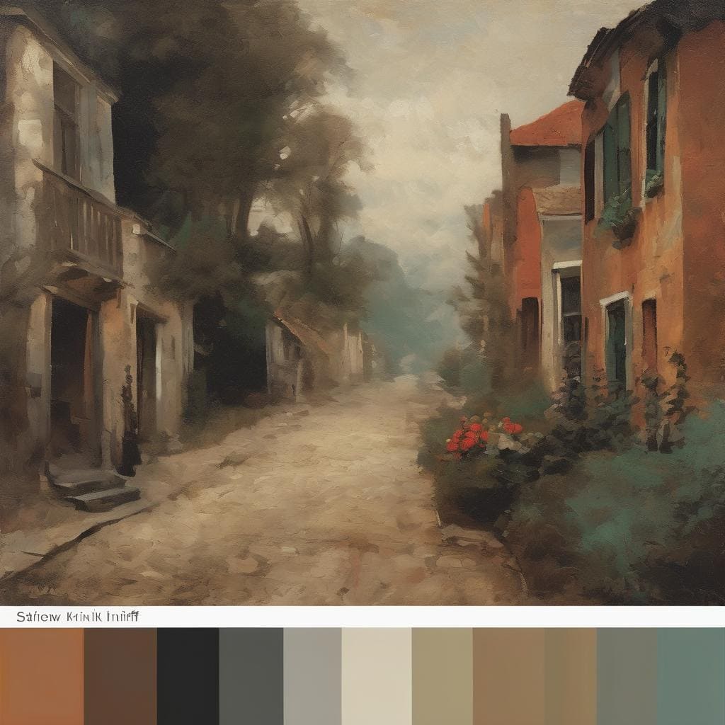 Παράθυρα και πόρτες σε μια γειτονιά με ζωηρά χρώματα και φυσική ομορφιά, εμπνευσμένη από την καλλιτεχνική δημιουργία.