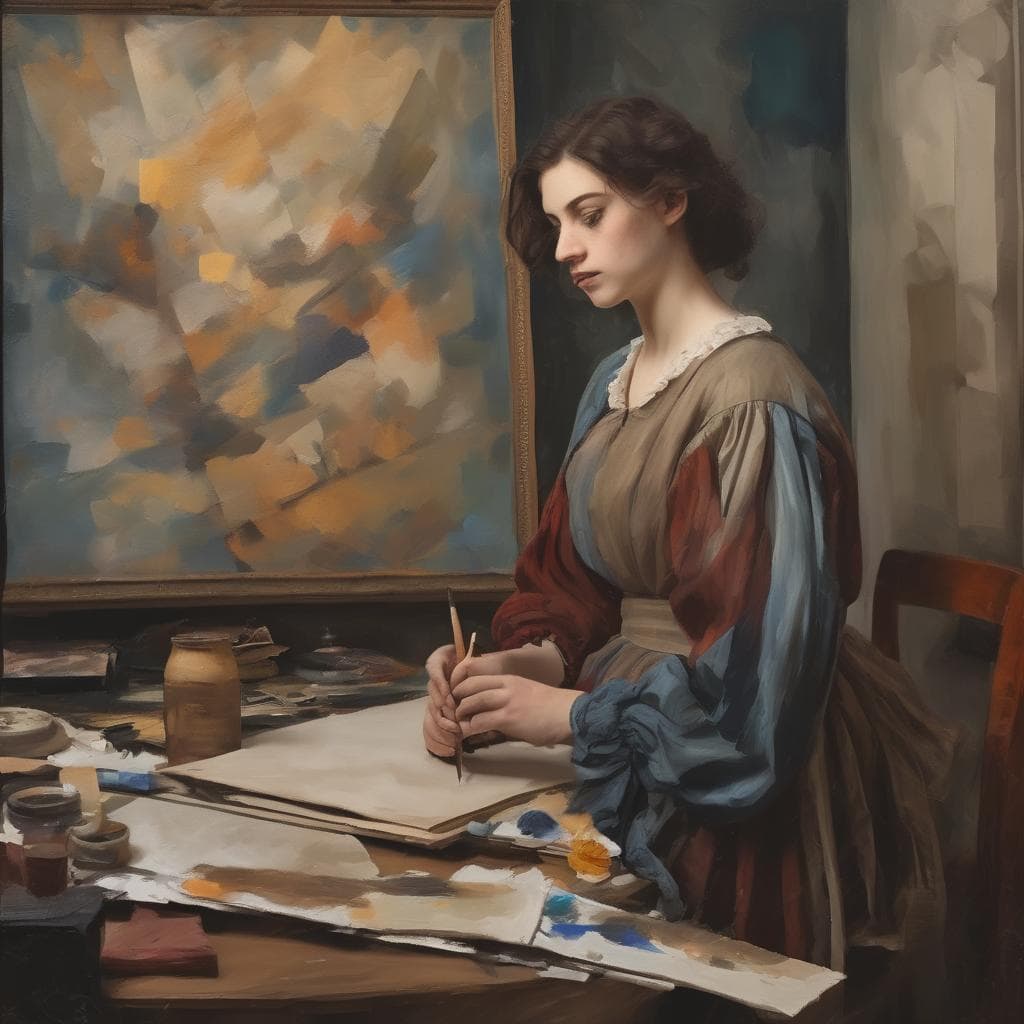 ζωγραφία και έμπνευση, νεαρή καλλιτέχνιδα στη στο studio της, δημιουργία έργων τέχνης, καλλιτεχνική έμπνευση, αμοιβαία τέχνη και δημιουργικότητα.